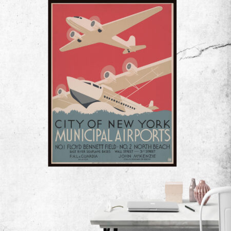 WPA poster containing information about the NYC airport and seaport